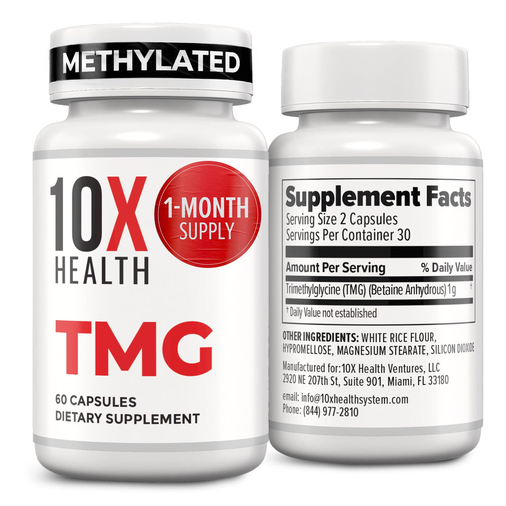 10X Health System TMG capsules bottle shown for daily wellness support.