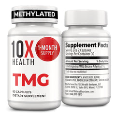 10X Health System TMG capsules bottle shown for daily wellness support.