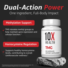 Hands holding 10X Health System TMG capsules for on-the-go use.