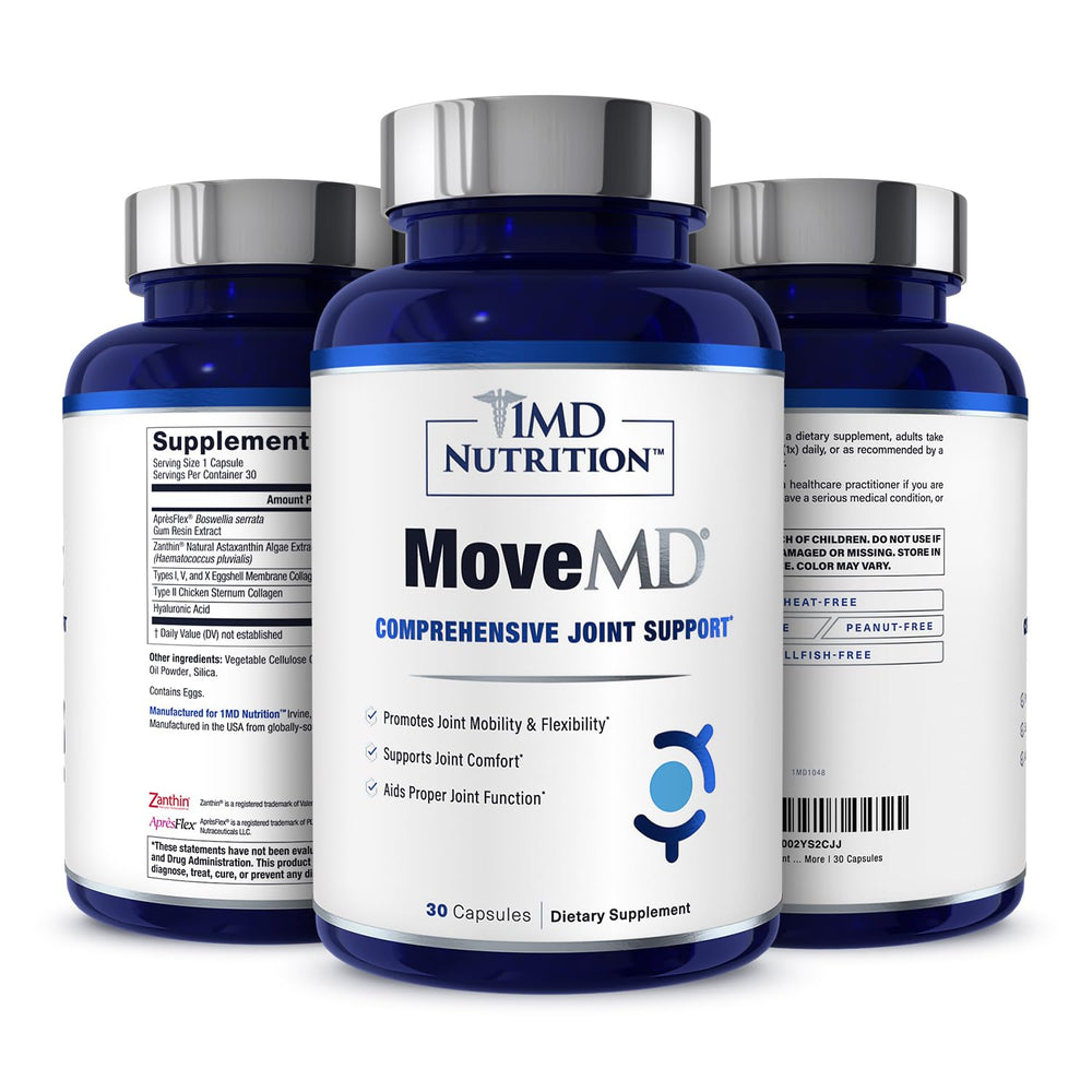 MoveMD bottle front shows daily joint support with Hyaluronic Acid.