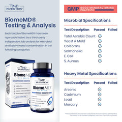 1MD Nutrition BiomeMD Probiotics label detail shows 15 strains for microbiome care.