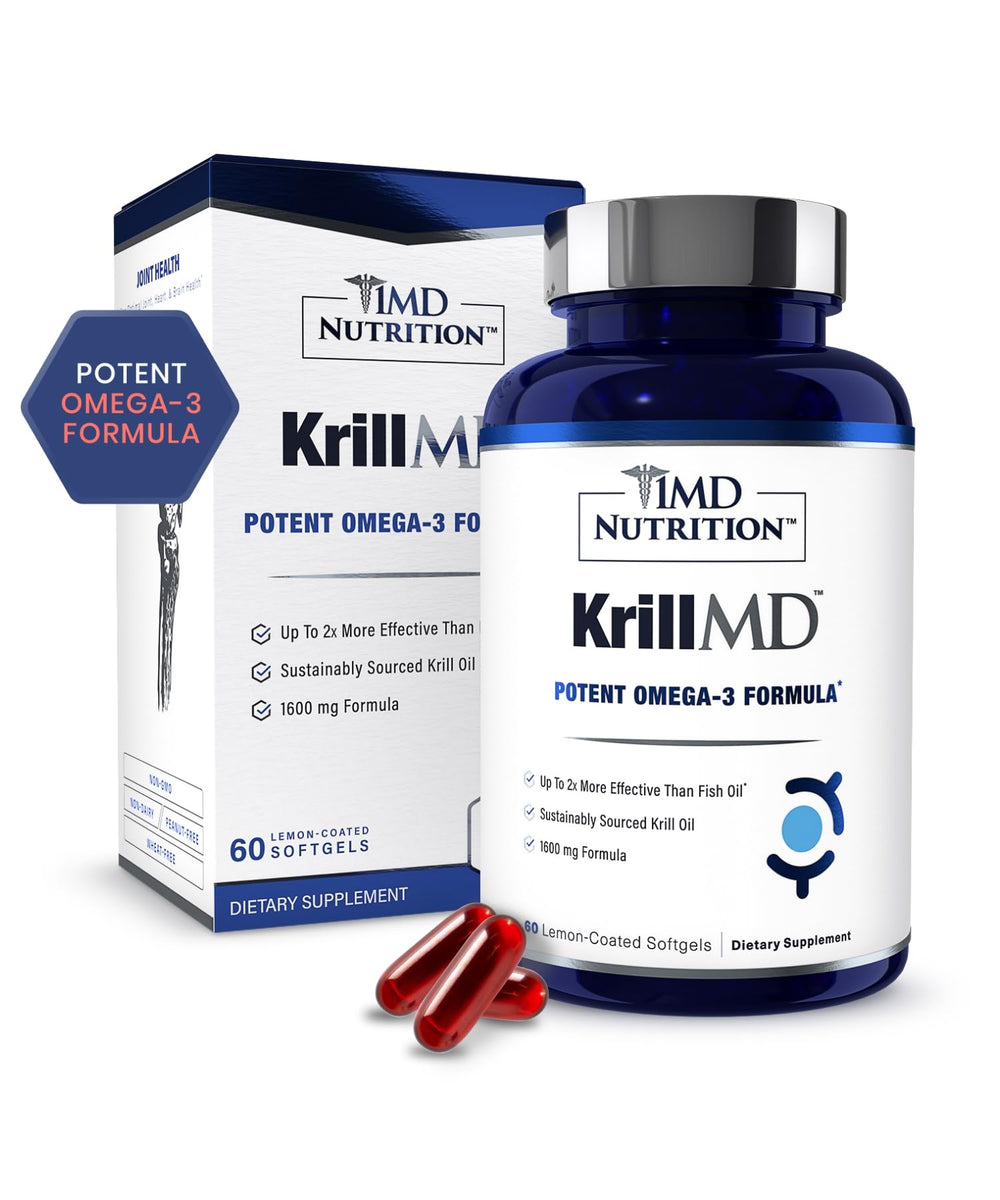 1MD Nutrition KrillMD bottle on a clean surface, supporting joints and mobility