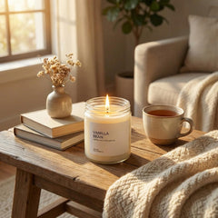 1OAK Vanilla Bean Candle glowing warmly for cozy evenings