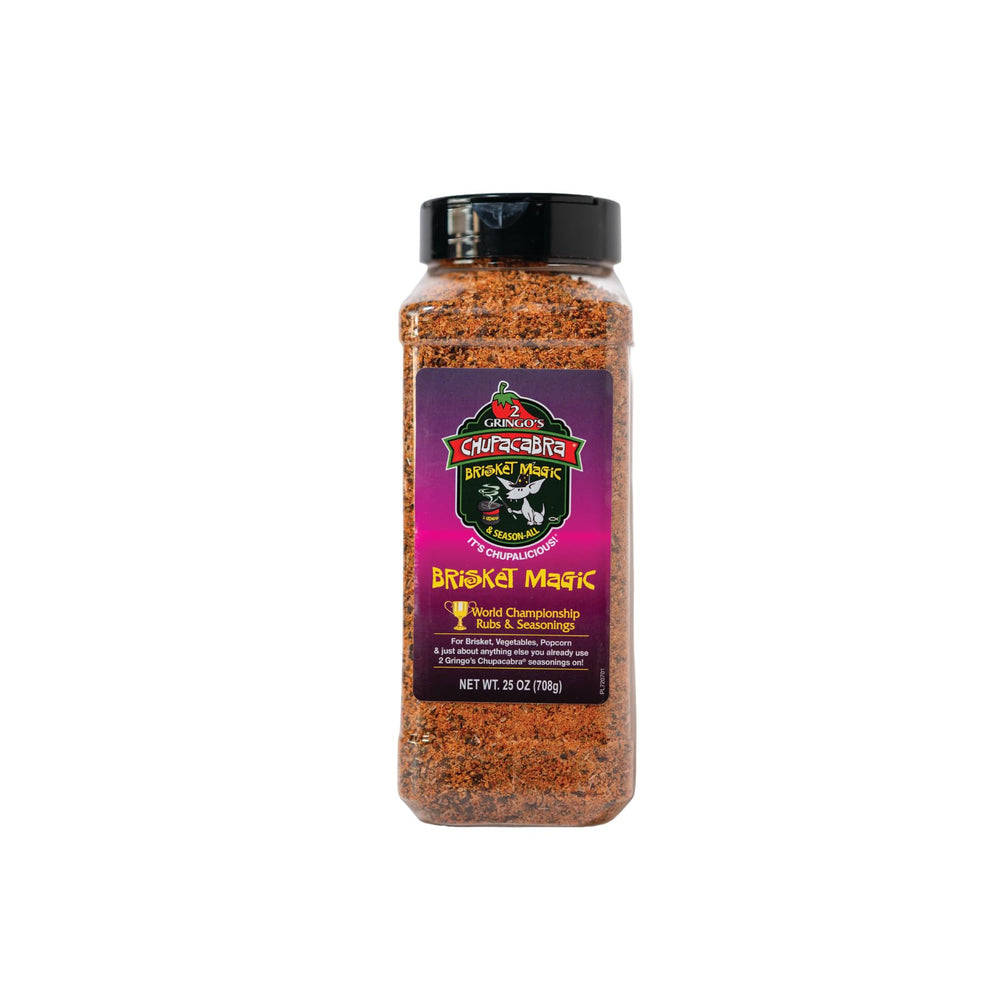 2 Gringos Chupacabra brisket magic seasoning bottle enhances flavor and tenderness.