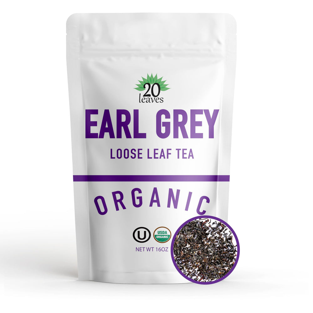 20 Leaves Earl Grey loose leaf brew being poured for a refined cup