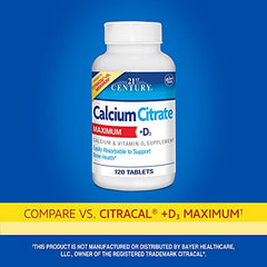 21st Century Calcium Citrate Plus D Maximum Caplets bottle back highlights gluten-free and no sugar.