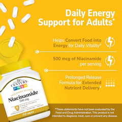 Close-up of 21st Century Niacinamide 500 mg label emphasizing purity and label potency.