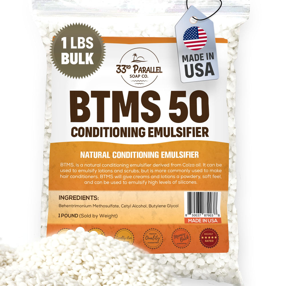 33rd Parallel BTMS 50 bottle close-up showing conditioning emulsifier for hair and skin