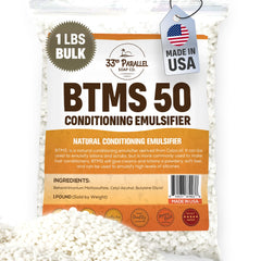 33rd Parallel BTMS 50 bottle close-up showing conditioning emulsifier for hair and skin