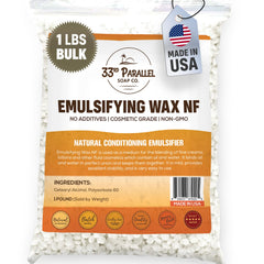 33RD PARALLEL SOAP CO Non-GMO Emulsifying Wax NF pastilles pack for versatile cosmetic formulations.
