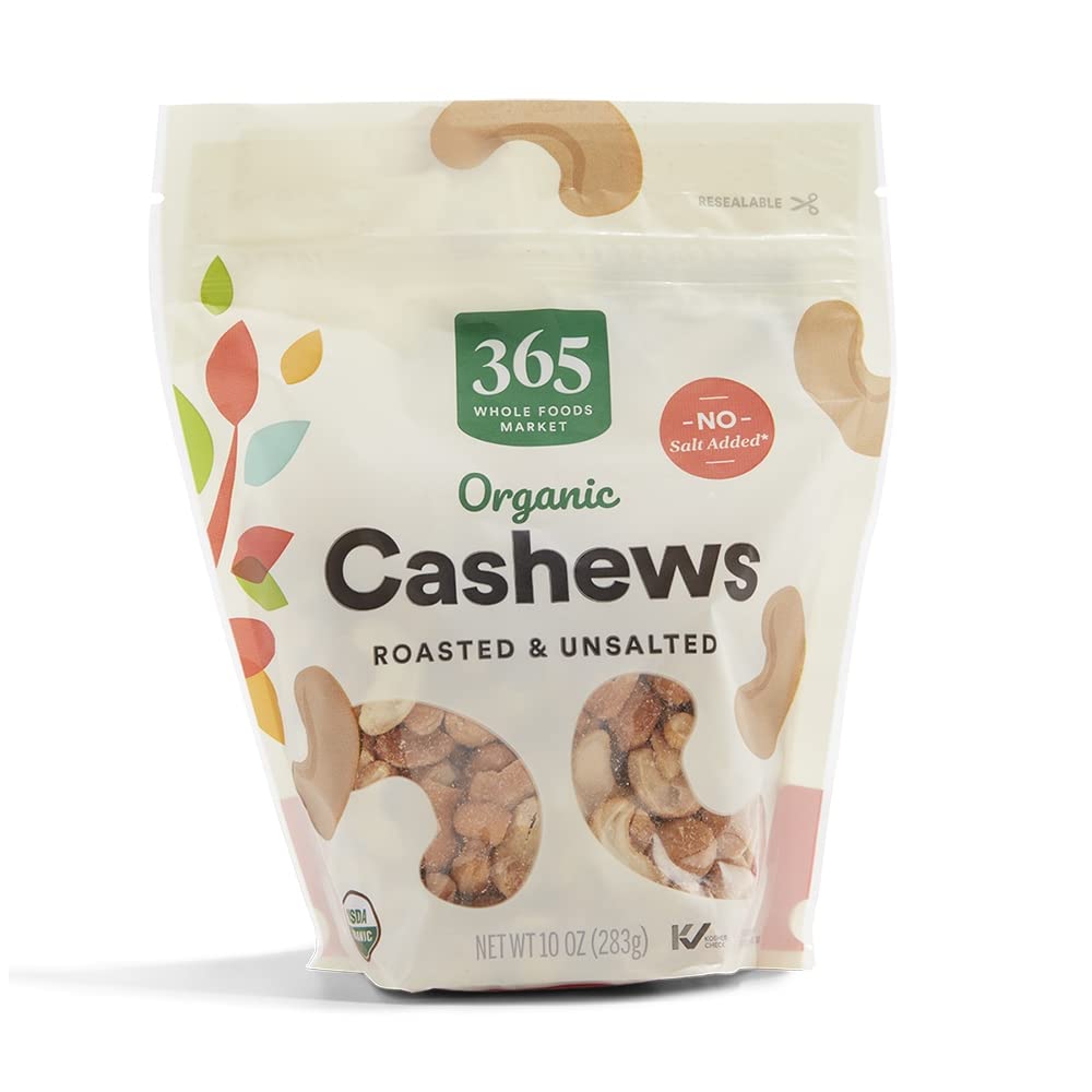 365 by Whole Foods Market organic roasted cashews bag front view, ready for on-the-go snacking