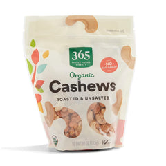 365 by Whole Foods Market organic roasted cashews bag front view, ready for on-the-go snacking
