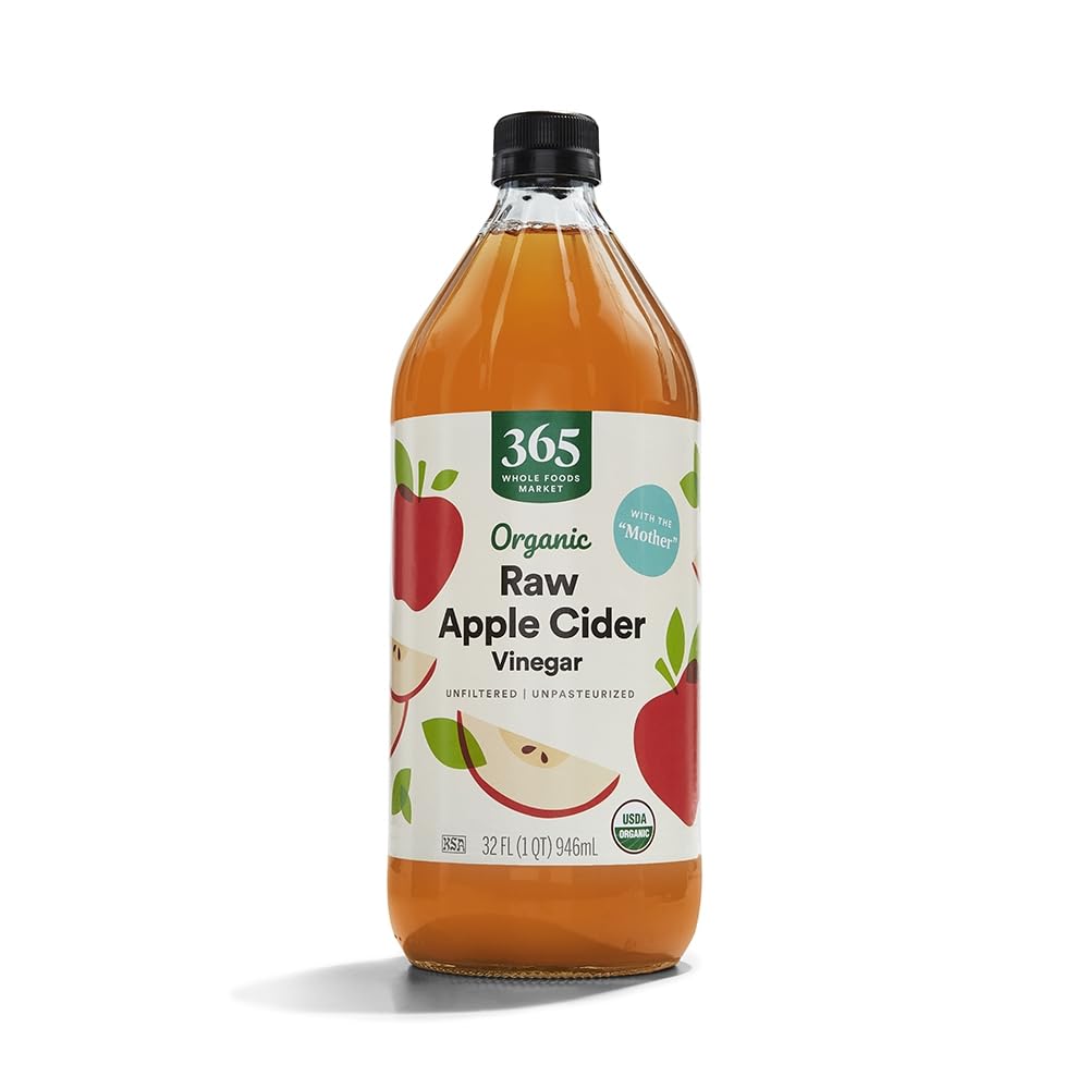 365 by Whole Foods Market organic apple cider vinegar bottle for salads and dressings.