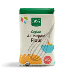 365 by Whole Foods Market Organic All-Purpose Flour package on the counter for everyday baking.