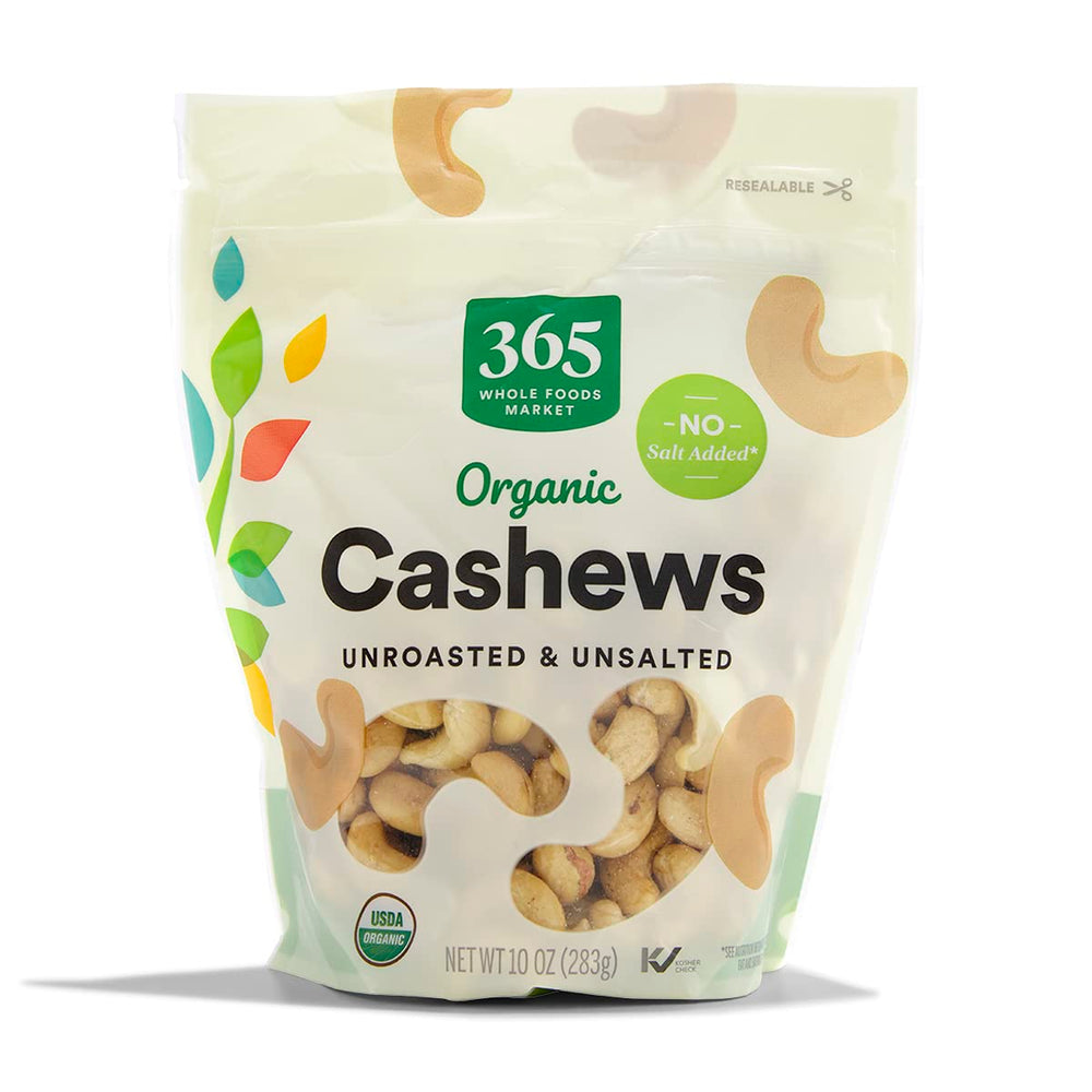 365 by Whole Foods Market organic cashews front view, magnesium-rich snack option.