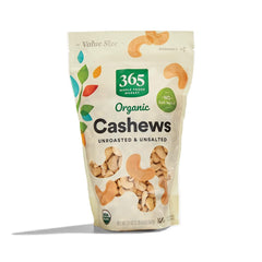 365 by Whole Foods Market organic cashews in a resealable bag, ideal for snacking.