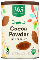 365 by Whole Foods Market organic cocoa powder front view in an 8-ounce jar for rich baking flavor
