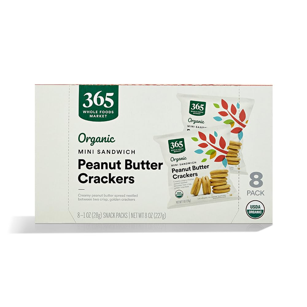 365 by Whole Foods Market organic mini peanut butter sandwich crackers pack shot, convenient lunchbox snack.