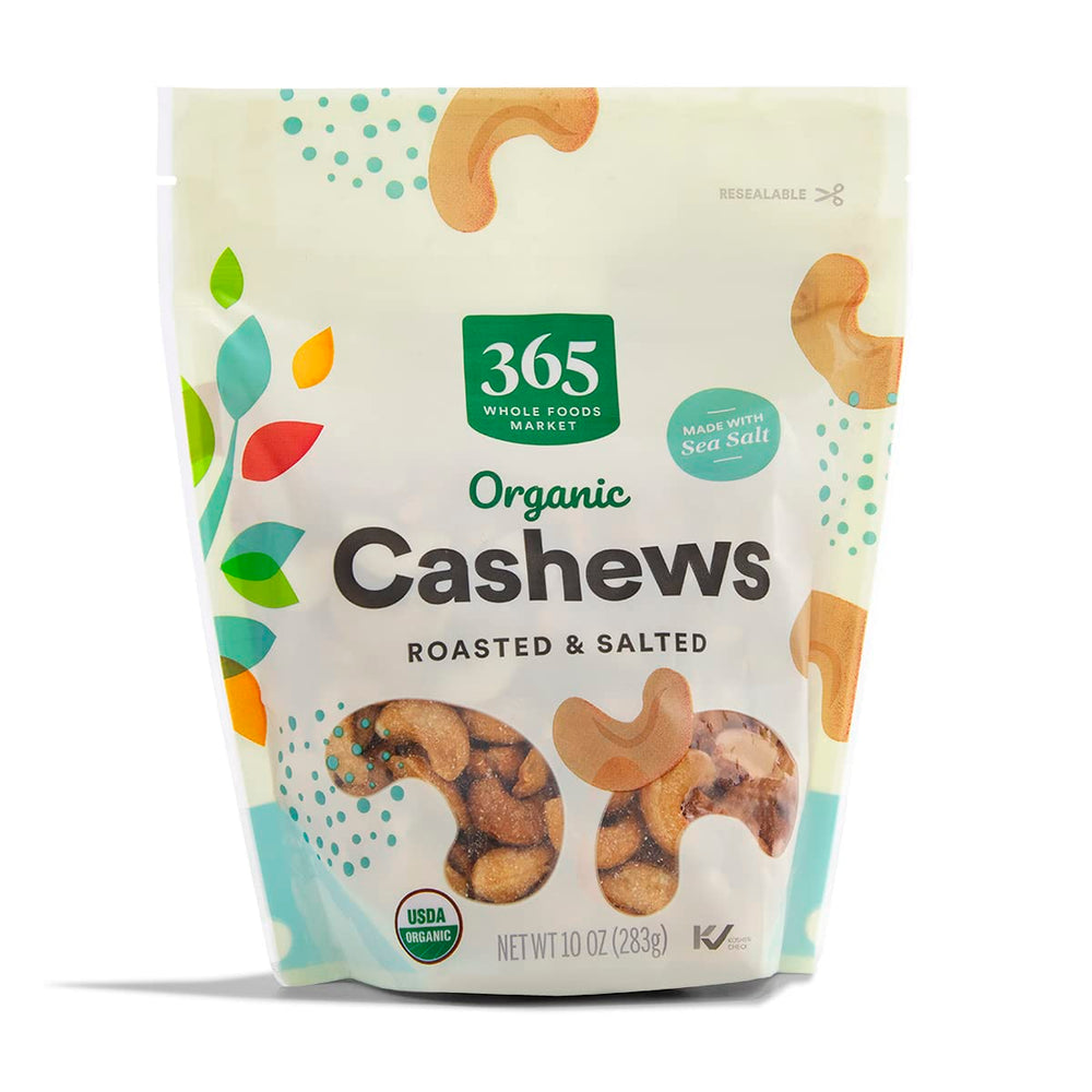 365 by Whole Foods Market organic roasted cashews pack; convenient 10 oz snacking.