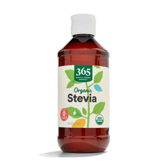 365 by Whole Foods Market Organic Stevia Liquid Extract bottle pour for zero-calorie sweetness.