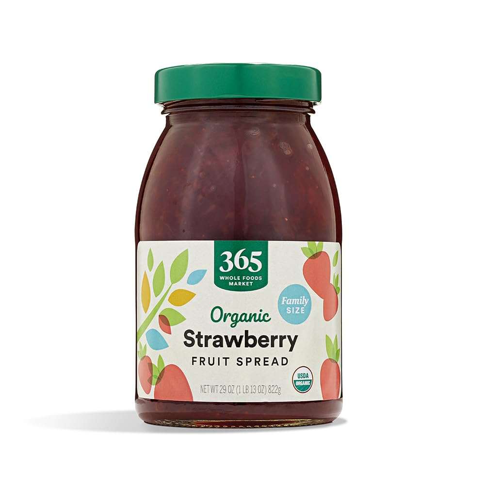 365 by Whole Foods Market Organic Strawberry Fruit Spread jar on shelf, natural sweetness for everyday meals.