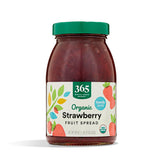365 by Whole Foods Market Organic Strawberry Fruit Spread jar on shelf, natural sweetness for everyday meals.