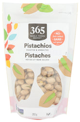 365 by Whole Foods Market roasted pistachios in a 10 oz bag, protein-rich and convenient.
