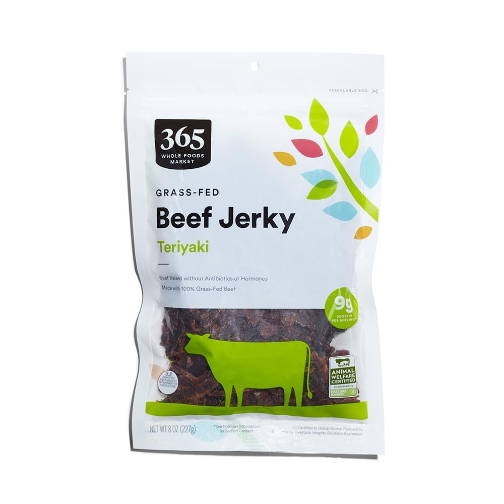 365 by Whole Foods Market teriyaki beef jerky 8 oz package, great for on the go.