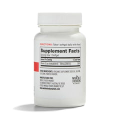 365 by Whole Foods Vitamin D3 softgels closeup showing dosage for daily wellness.