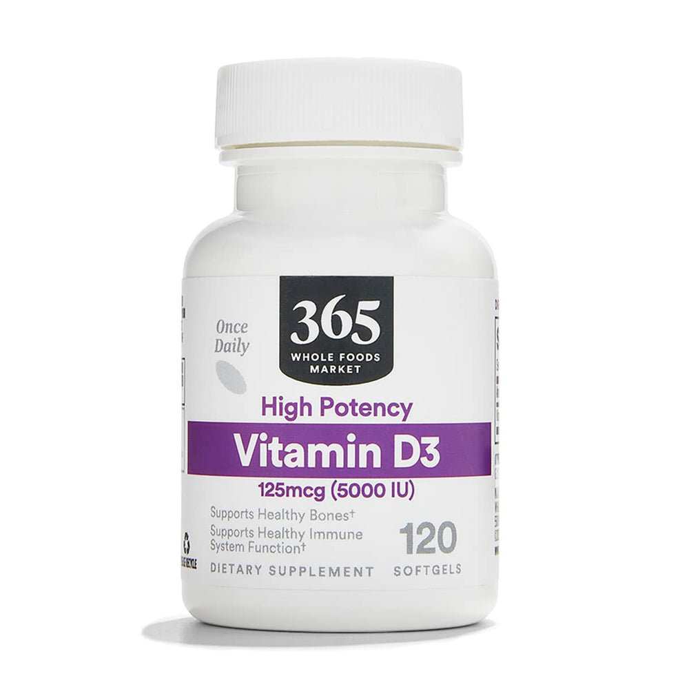 365 by Whole Foods Market Vitamin D3 softgels bottle promotes daily bone health and immune support.