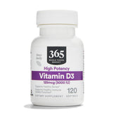 365 by Whole Foods Market Vitamin D3 softgels bottle promotes daily bone health and immune support.