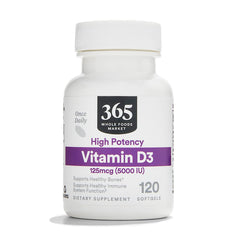 365 by Whole Foods Market Vitamin D3 softgels bottle promotes daily bone health and immune support.