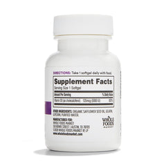 365 by Whole Foods Market Vitamin D3 softgels label closeup highlights high potency 5000 IU formula.