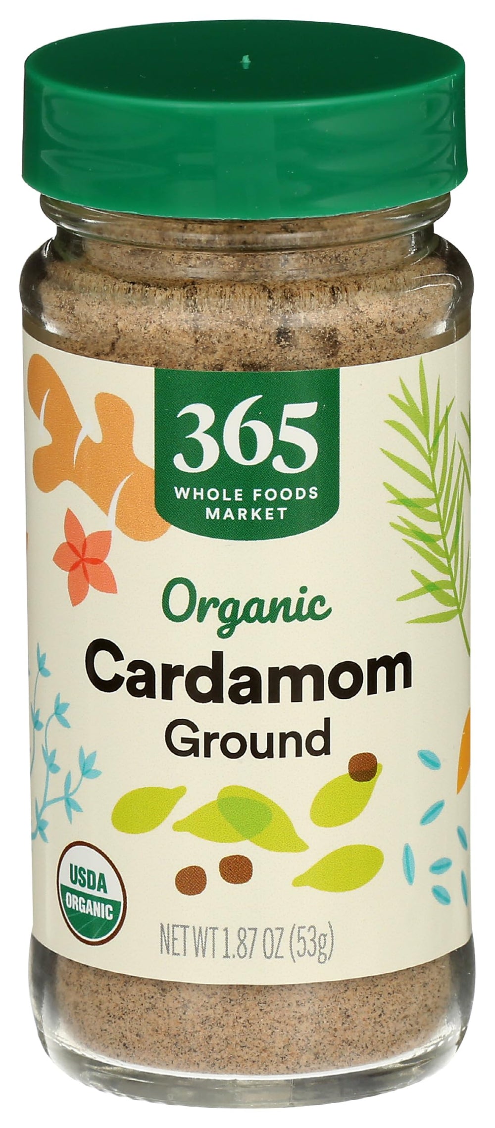 365 by Whole Foods Market organic ground cardamom bottle close-up for baking and curry flavors