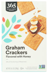 365 by Whole Foods Market graham crackers box closeup highlighting crisp texture for snacking.