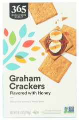 365 by Whole Foods Market graham crackers box closeup highlighting crisp texture for snacking.