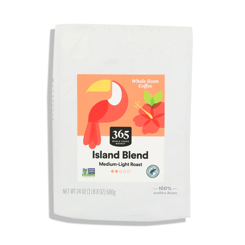 365 Island Blend coffee bag on counter, ideal for everyday drip coffee