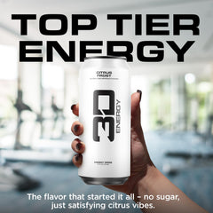 3D Energy Citrus Frost label closeup emphasizes sugar-free formula