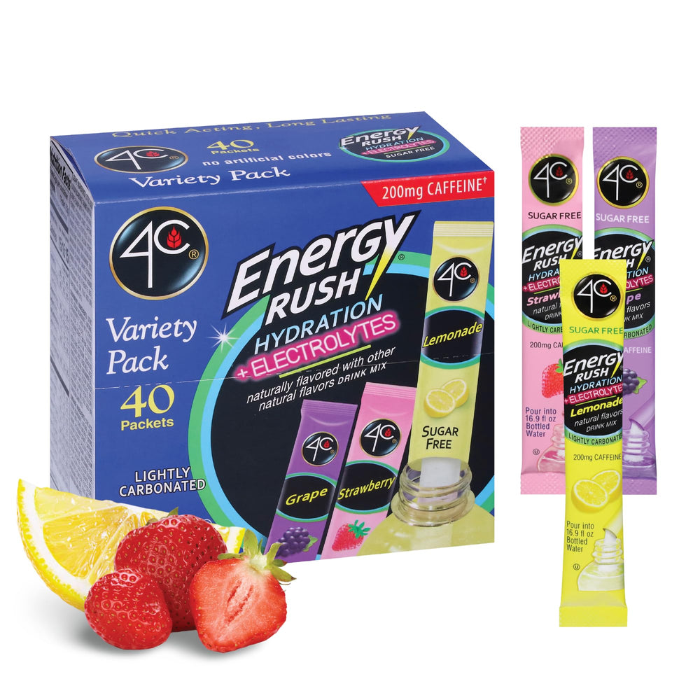 4C Energy Rush Stix Lemonade Pack fuels on-the-go hydration with bright citrus flavor.