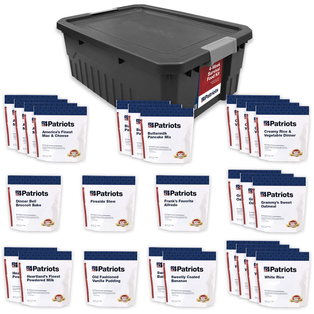 4Patriots 4-Week Survival Kit packaging protects food for long-term storage.