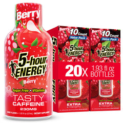 5-hour ENERGY Extra Strength Berry Shot bottle shows a bold energy boost for focus