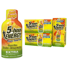 5-hour ENERGY Peach Mango shot pour showing quick focus on the go