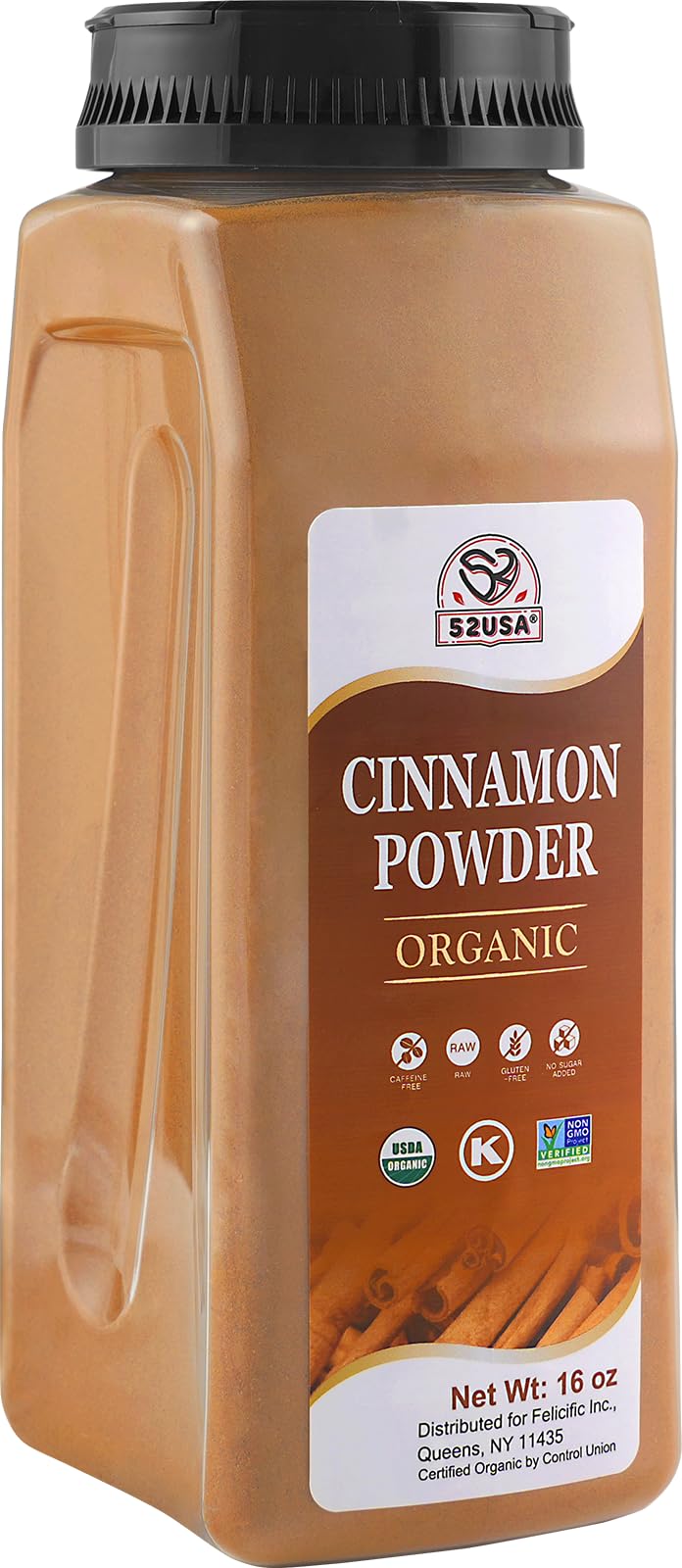 52USA Organic Cinnamon Powder bottle displaying premium spice for baking and drinks.