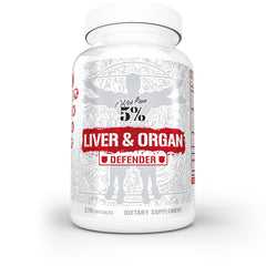 5% Nutrition Rich Piana Liver & Organ Defender bottle label highlights NAC blend for liver support.