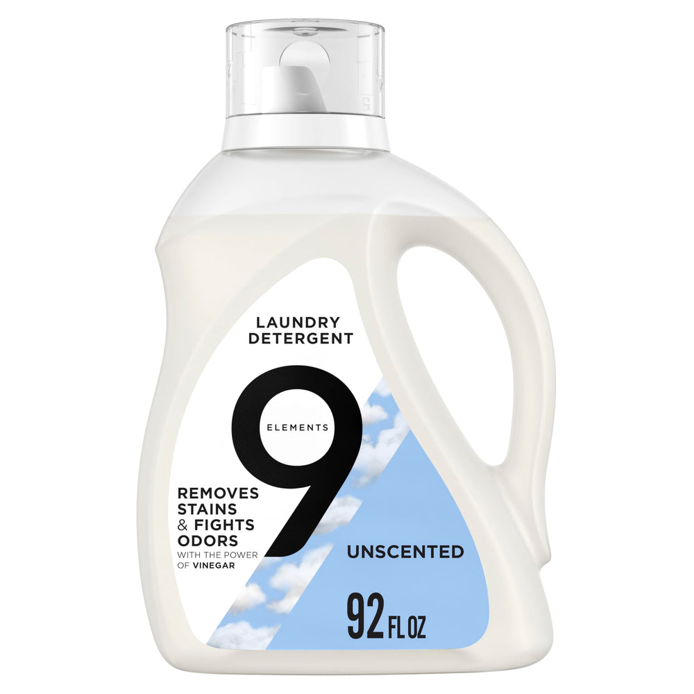 9 Elements Liquid Laundry Detergent unscented bottle pour showing vinegar-powered cleaning for fresh fabrics