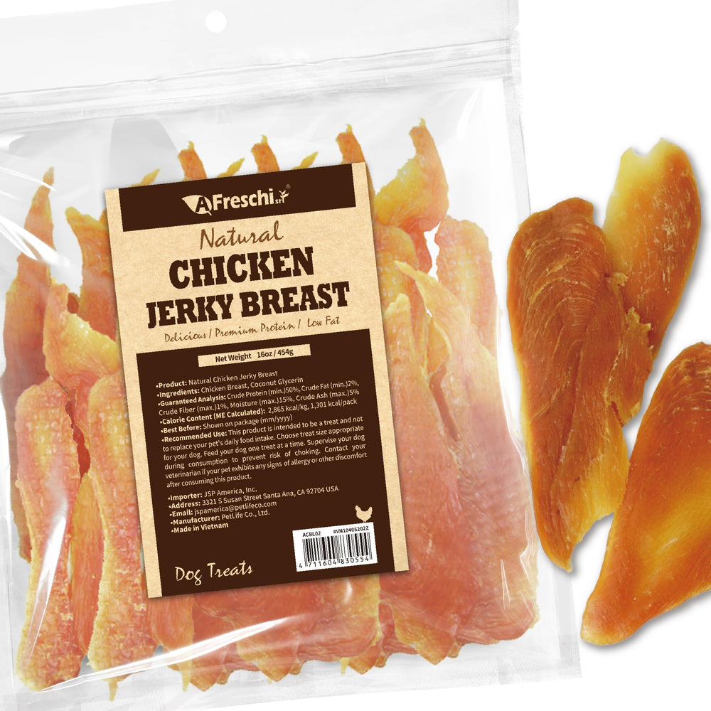 A Freschi srl chicken jerky dog treat packaging shown in a resealable bag.