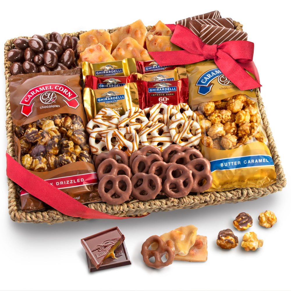 A Gift Inside basket top view showing assorted chocolates and caramel corn for gifting