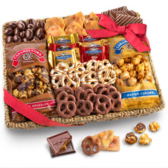 A Gift Inside basket top view showing assorted chocolates and caramel corn for gifting