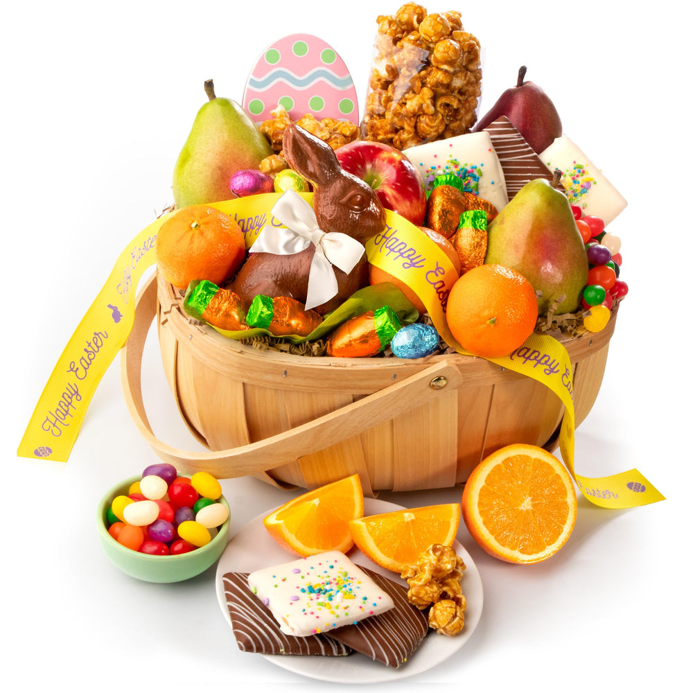 A Gift Inside Easter Bunny Fruit and Treats Basket front view, gift-ready presentation.
