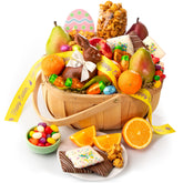 A Gift Inside Easter Bunny Fruit and Treats Basket front view, gift-ready presentation.